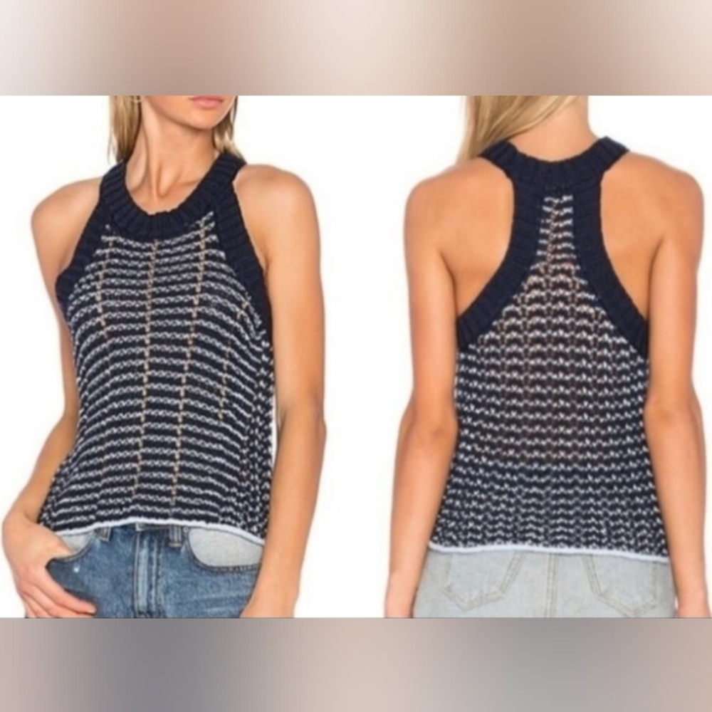 rag & bone Navy and White Crochet Racerback Tank